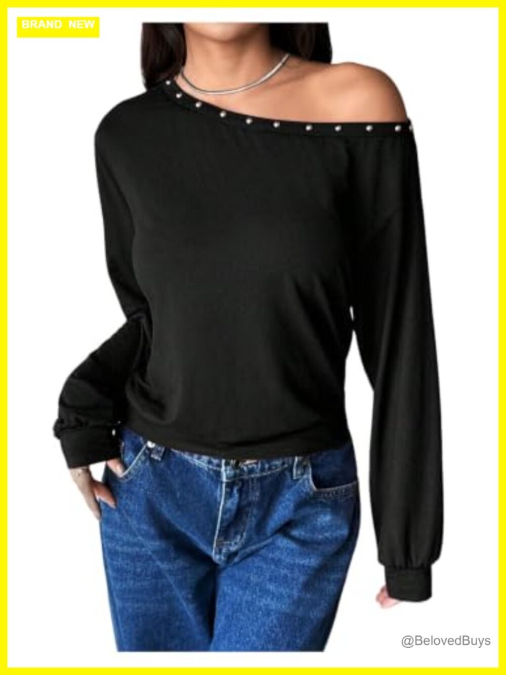 Women's Y2k Off The Shoulder Studded Grunge Long Sleeve Top